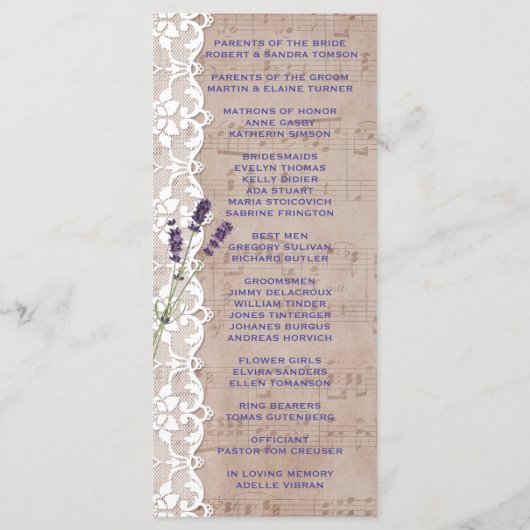 Romantisches Musikblatt Lavendel Programm Custom (Rückseite)