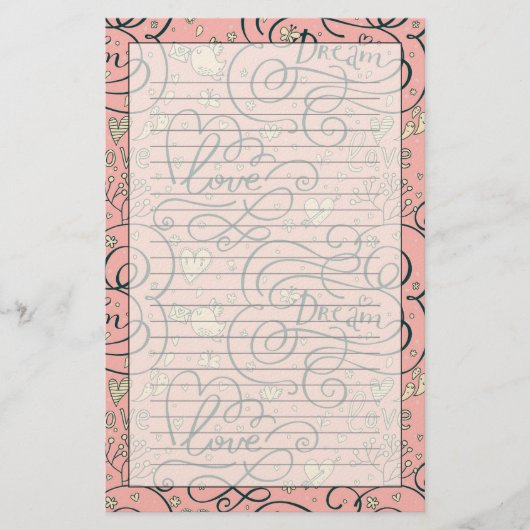 Romantisches Muster mit Herzen und Vögeln Briefpapier (Vorderseite)