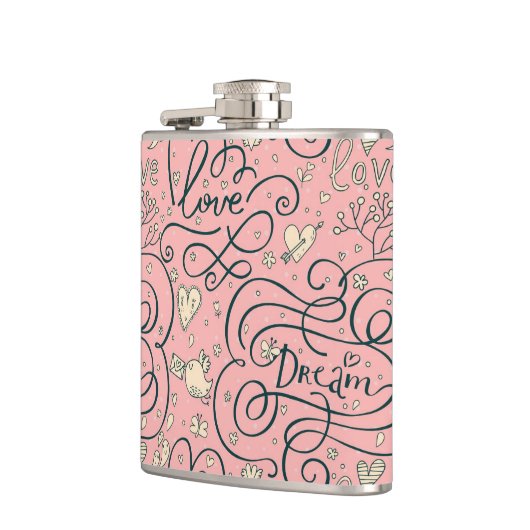 Romantisches Muster mit Herzen und Vögeln Flachmann (Links)