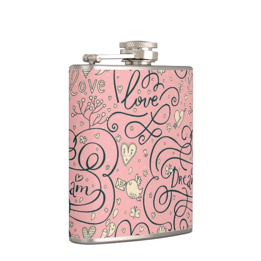 Romantisches Muster mit Herzen und Vögeln Flachmann (Rechts)