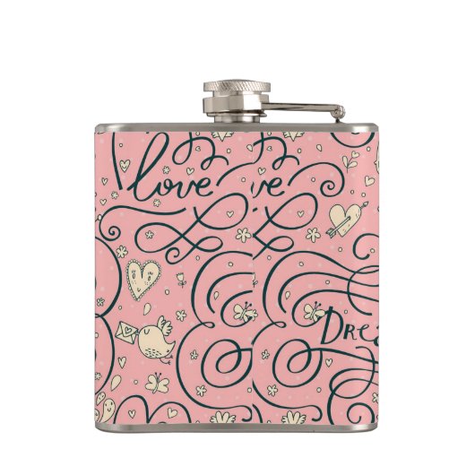 Romantisches Muster mit Herzen und Vögeln Flachmann (Rückseite)