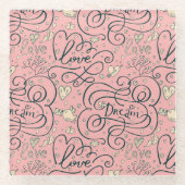 Romantisches Muster mit Herzen und Vögeln Glasuntersetzer (Vorderseite)