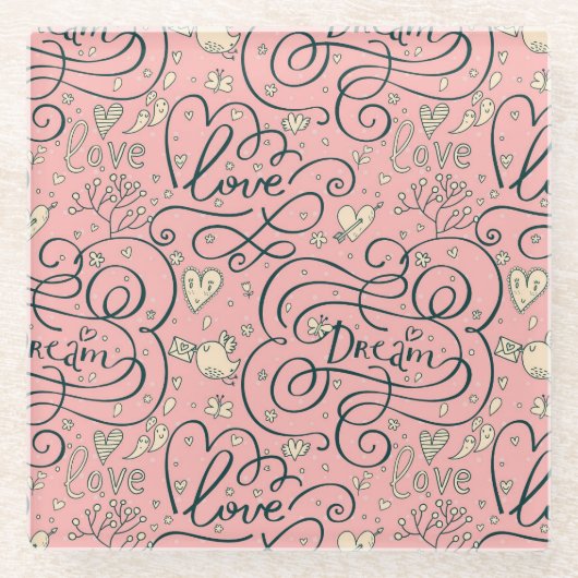 Romantisches Muster mit Herzen und Vögeln Glasuntersetzer (Vorderseite)