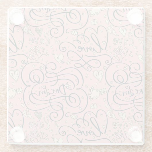Romantisches Muster mit Herzen und Vögeln Glasuntersetzer (Rückseite)