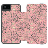 Romantisches Muster mit Herzen und Vögeln Incipio iPhone Geldbeutel-Hülle (Folio Geöffnet)
