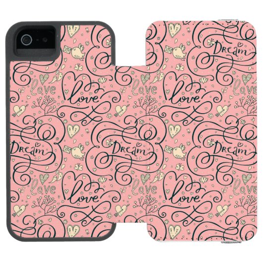 Romantisches Muster mit Herzen und Vögeln Incipio iPhone Geldbeutel-Hülle (Folio Geöffnet)