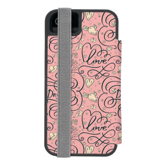 Romantisches Muster mit Herzen und Vögeln Incipio iPhone Geldbeutel-Hülle (Folio Rückseite)