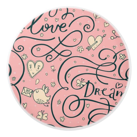 Romantisches Muster mit Herzen und Vögeln Keramikknauf (Vorderseite)