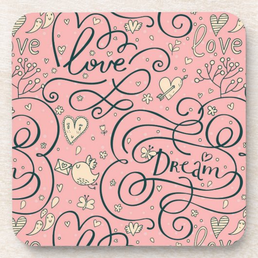 Romantisches Muster mit Herzen und Vögeln Untersetzer (Vorderseite)