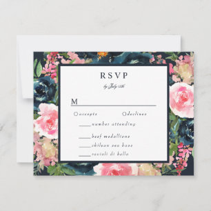 Romantisches Navyblau-Blush-Pink-Blumenmuster RSVP Karte