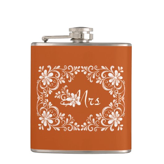 Romantisches Orange Shabby Chic Mrs. Wedding Flask Flachmann (Vorderseite)
