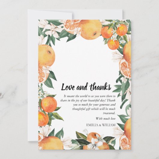 Romantisches Orangen Citrus Hochzeitssemble Foto Dankeskarte (Vorderseite)