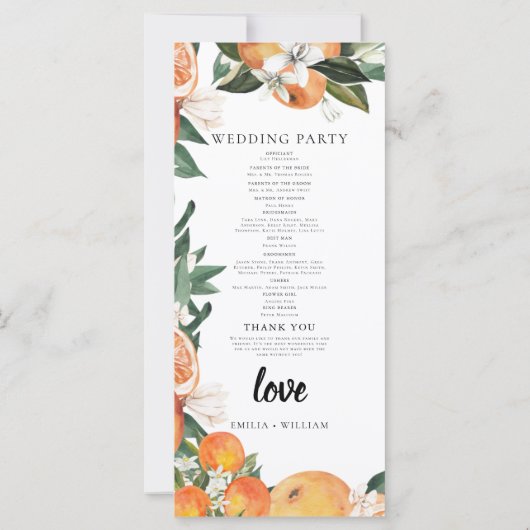 Romantisches Orangen-Hochzeitsprogramm (Rückseite)