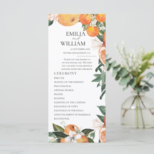 Romantisches Orangen-Hochzeitsprogramm (Stehend Vorderseite)