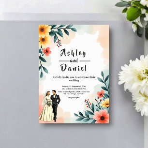Romantisches Paar Aquarell Blumen Sommerhochzeit Einladung