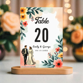 Romantisches Paar Aquarell Blumen Sommerhochzeit Tischnummer