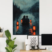 Romantisches Paar auf Dock mit Laternenglühen Poster (Heimbüro)