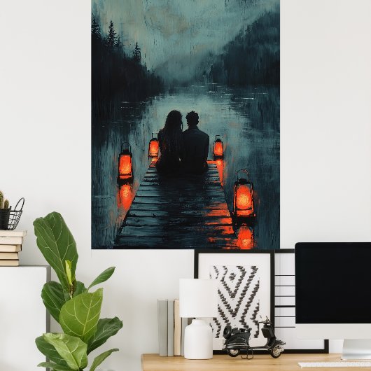 Romantisches Paar auf Dock mit Laternenglühen Poster (Heimbüro)