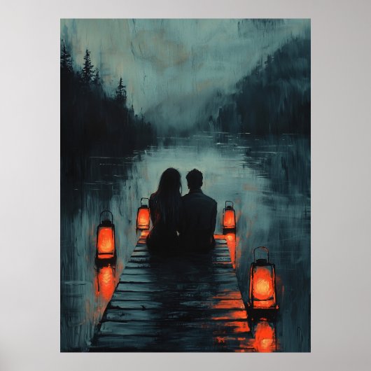 Romantisches Paar auf Dock mit Laternenglühen Poster (Vorne)