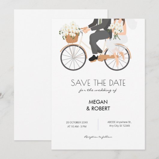 Romantisches Paar fährt Fahrrad Hochzeit Save The Date (Vorne/Hinten)