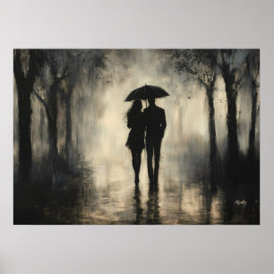 Romantisches Paar im Regen – Minimalistische Kohle Poster