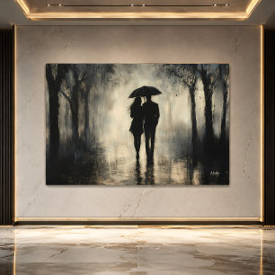 Romantisches Paar im Regen – Minimalistische Kohle Poster