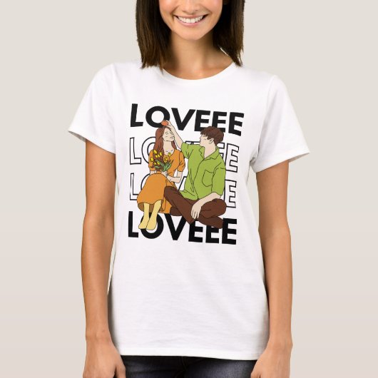 Romantisches Paar Loveee Text Grafikdesign T-Shirt (Vorderseite)