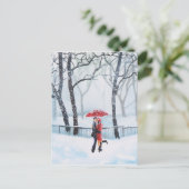 Romantisches Paar tanzt im schneeroten Schirm Postkarte (Stehend Vorderseite)