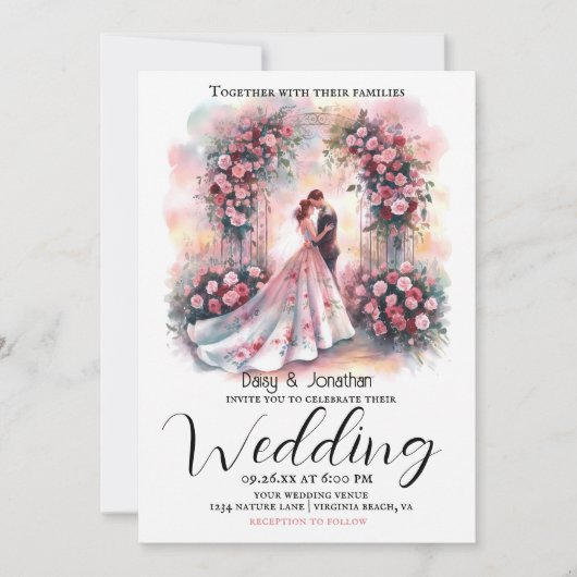 romantisches Paar unter blumengeschmückter Hochzei Einladung (Vorderseite)