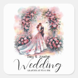 romantisches Paar unter blumengeschmückter Hochzei Quadratischer Aufkleber