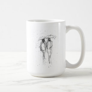 Romantisches Paar Wandern im Regen mit Regenschirm Kaffeetasse