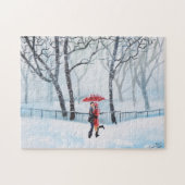 Romantisches Paartanzen im Schneerotregenschirm Puzzle (Horizontal)