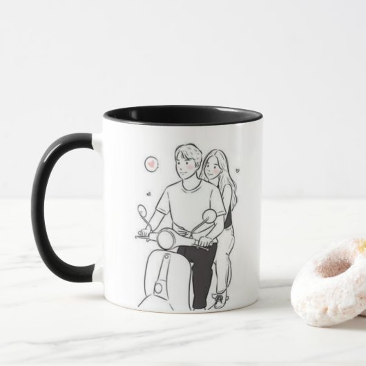 Romantisches Pärchen auf Roller – Süße minimalisti Tasse (Mit Donut)