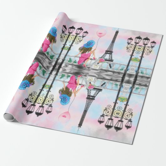 Romantisches Pariser Umschlagpapier mit Eiffelturm Geschenkpapier (Ungerollt)