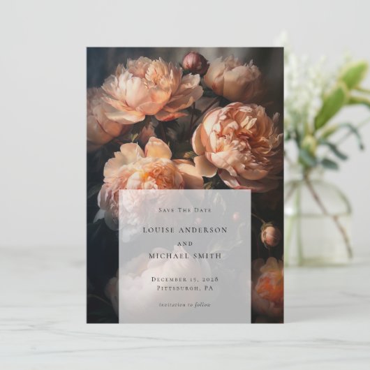 Romantisches Peach Pastel Peony Floral Wedding Fot Save The Date (Stehend Vorderseite)