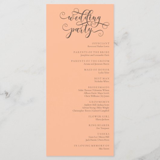 Romantisches Peach Wedding Programm (Rückseite)