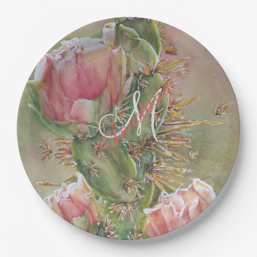 ROMANTISCHES PEAR CACTUS BLUME MONOGRAMM PARTY PAPPTELLER (Vorderseite)