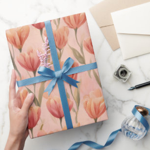 Romantisches Pfirsich-Korallen-Tulpen-Wasserfarben Geschenkpapier