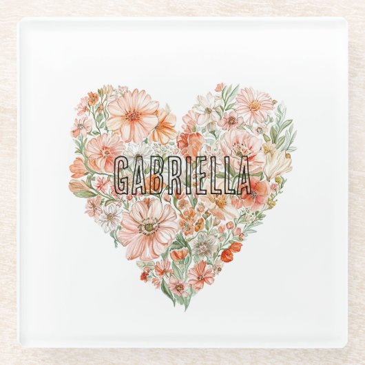 Romantisches Pfirsich-Minz-Blumenherz Glasuntersetzer (Vorderseite)