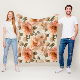 Romantisches Pfirsich-Päonien-Elfenbein-Blumenmust Fleecedecke