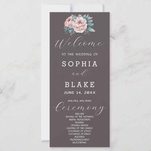 Romantisches Pink Floral Ash Gray Wedding Program (Vorderseite)