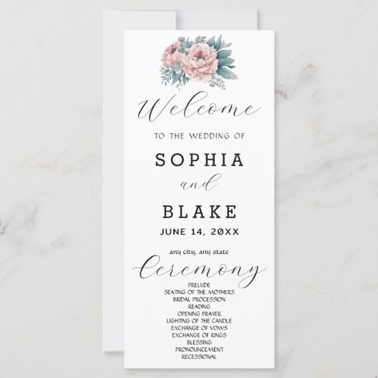 Romantisches Pink Floral White Wedding Programm (Vorderseite)