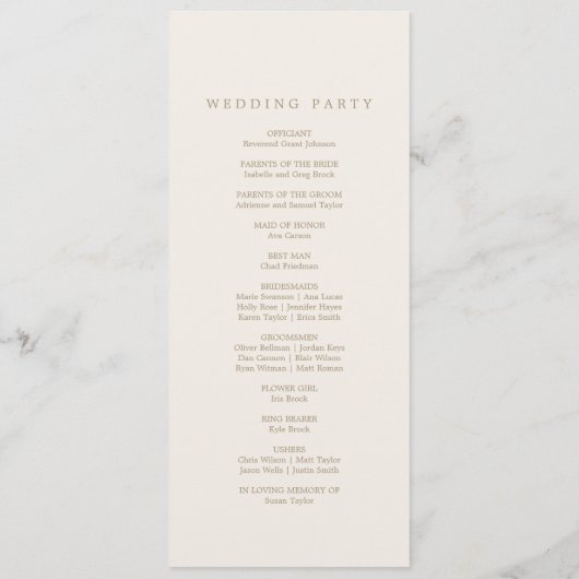 Romantisches Programm zur Hochzeit von Gold und El (Rückseite)