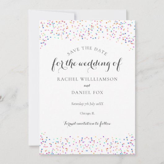 Romantisches Rainbow Confetti-Foto Save The Date (Vorderseite)