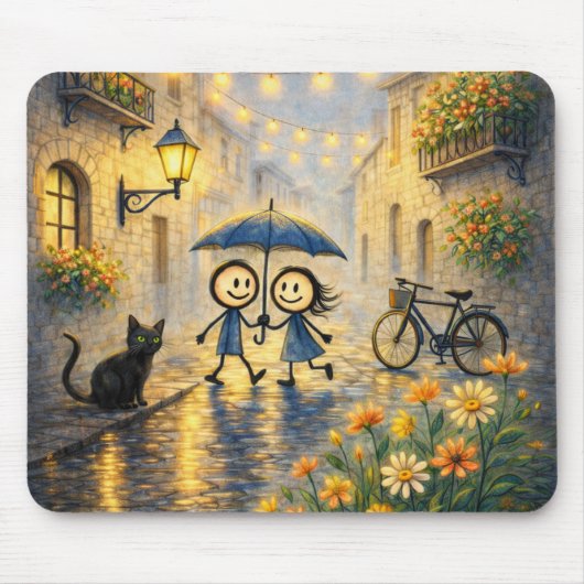 Romantisches Regengassen-Pärchen-Regenschirm-Mausp Mousepad (Vorne)