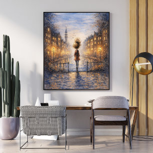 Romantisches Regenstadt-Wasserfarbenposter Poster