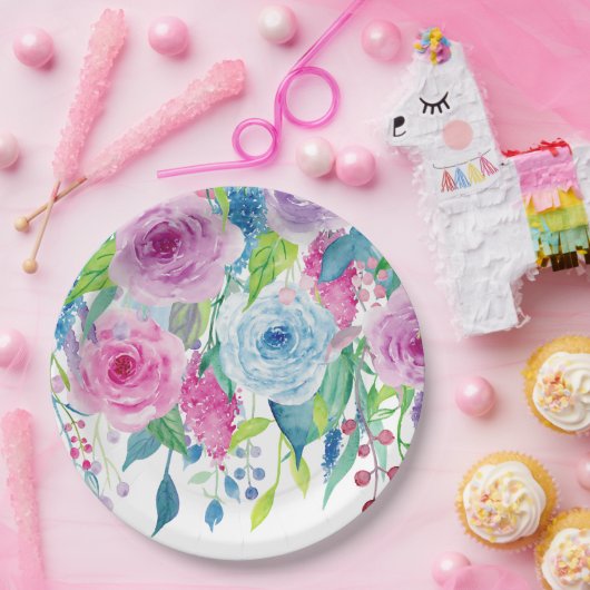 Romantisches rosa blaues Aquarell mit Blumen Pappteller (Party)