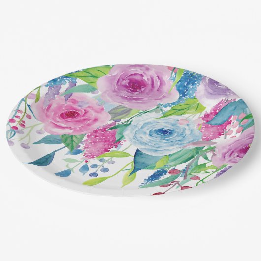 Romantisches rosa blaues Aquarell mit Blumen Pappteller (Schrägansicht)
