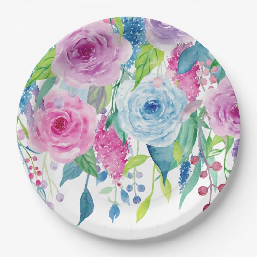 Romantisches rosa blaues Aquarell mit Blumen Pappteller (Vorderseite)