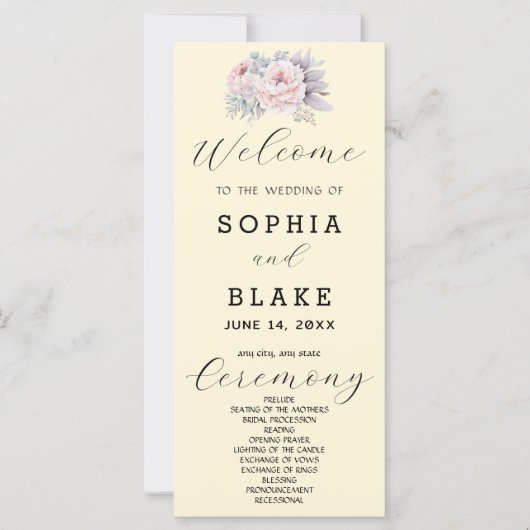 Romantisches Rosa Blumengelb-Hochzeitsprogramm (Vorderseite)